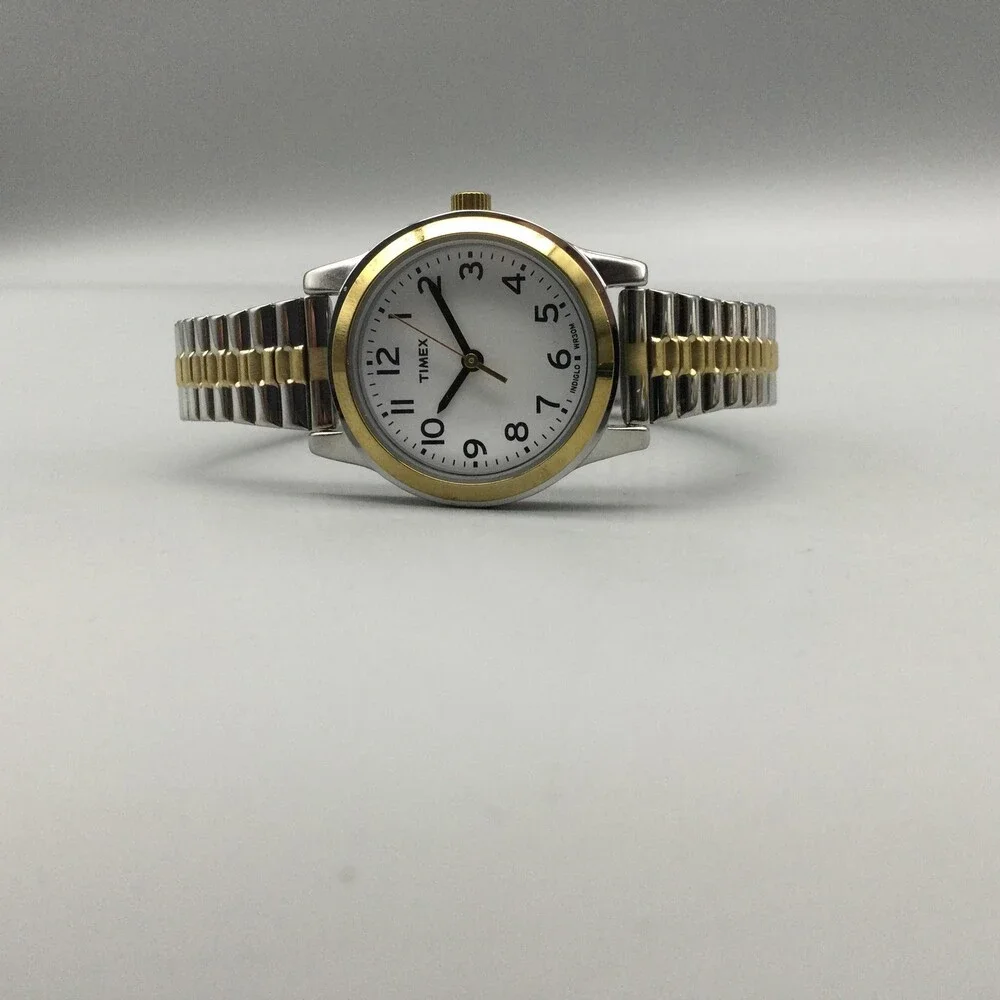 Timex Essex Avenue Watch Women T2N068 26mm Silver Gold Tone Stretch Band